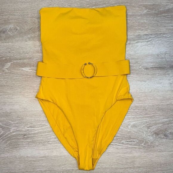 Robin Piccone Luca Bandeau Strapless One Piece Swimsuit Belted Mustard Womens 10 - Picture 3 of 15